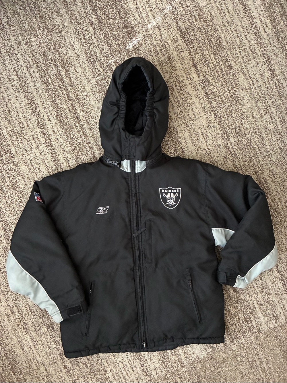 Reebok Kids Black and Silver Raiders Hooded Puffer Jacket